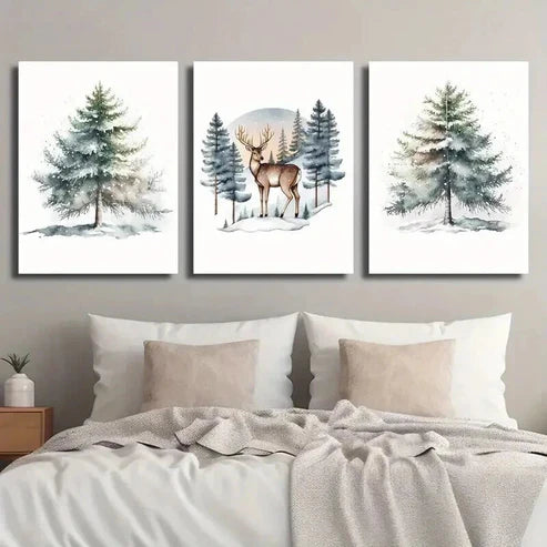 3pcs Reindeer in the Forest & Christmas Tree Wall Art Set Canvas Unframed - High Quality Print 100% Australian Made Wall Canvas