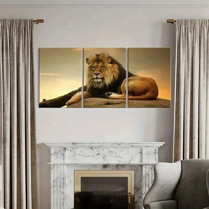 3pcs Majestic Lion Sitting on a Rock Wall Art Set Canvas Framed 50x70cm - High Quality Print 100% Australian Made Wall Canvas Ready to Hang