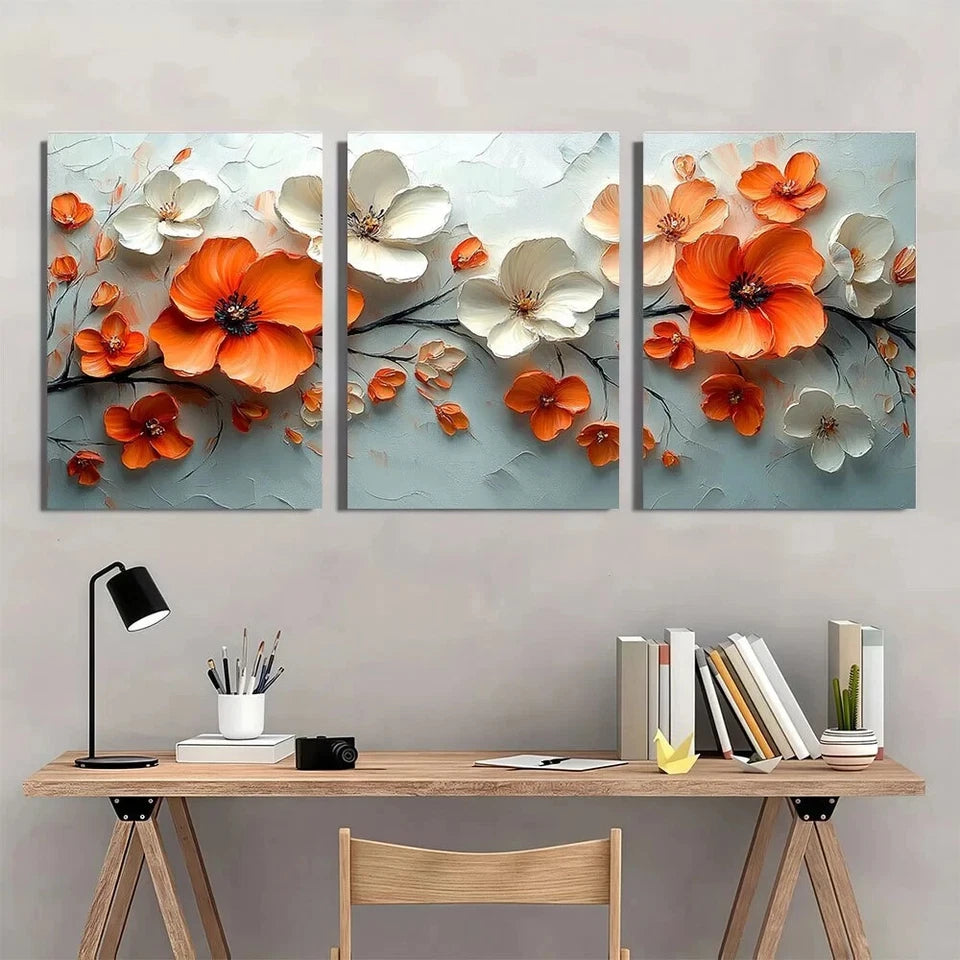 3pcs Vibrant Floral Abstract Orange White Flowers Metal Print Ready to Hang Art - Bella Home Decor