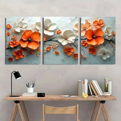 3pcs Vibrant Floral Abstract Orange White Flowers Metal Print Ready to Hang Art - Bella Home Decor