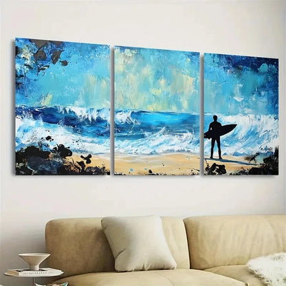 3pcs Surfer Blue Ocean Wall Art Set Canvas Framed 50x70cm - High Quality Print 100% Australian Made Wall Canvas Ready to Hang