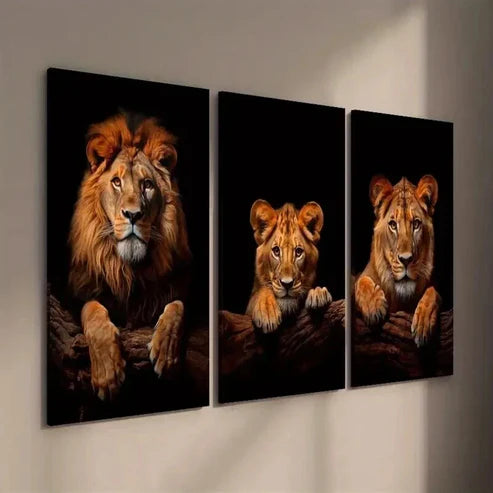3pcs Lion & Cub Portrait on Dark Background Wall Art Set Canvas Unframed - High Quality Print 100% Australian Made Wall Canvas