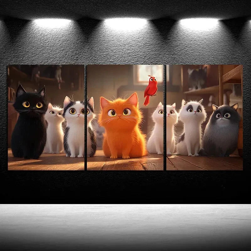3pcs Black And White Cat And Orange Metal Print Ready to Hang Art - Bella Home Decor