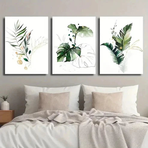 3pcs Green And Golden Fern Palm Tree  Wall Art Set Canvas Unframed - High Quality Print 100% Australian Made Wall Canvas