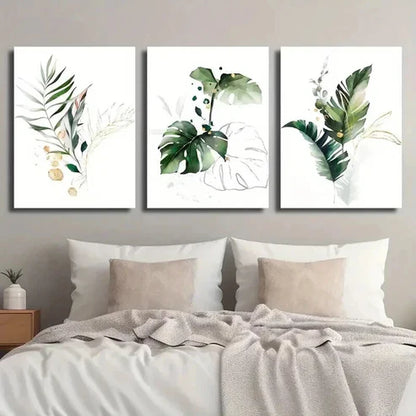 3pcs Green And Golden Fern Palm Tree  Wall Art Set Canvas Unframed - High Quality Print 100% Australian Made Wall Canvas