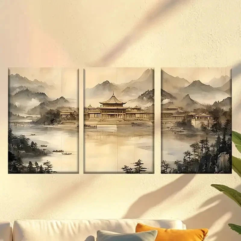 3pcs  Classic  Mountain Lake Scene with Pagoda Wall Art Set Canvas Framed 60x90cm - High Quality Print 100% Australian Made Wall Canvas Ready to Hang - Bella Home Decor