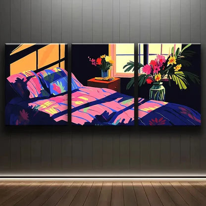 3pcs Illustration of Bedroom with Window Perfect Wall Art Set Canvas Unframed - High Quality Print 100% Australian Made Wall Canvas