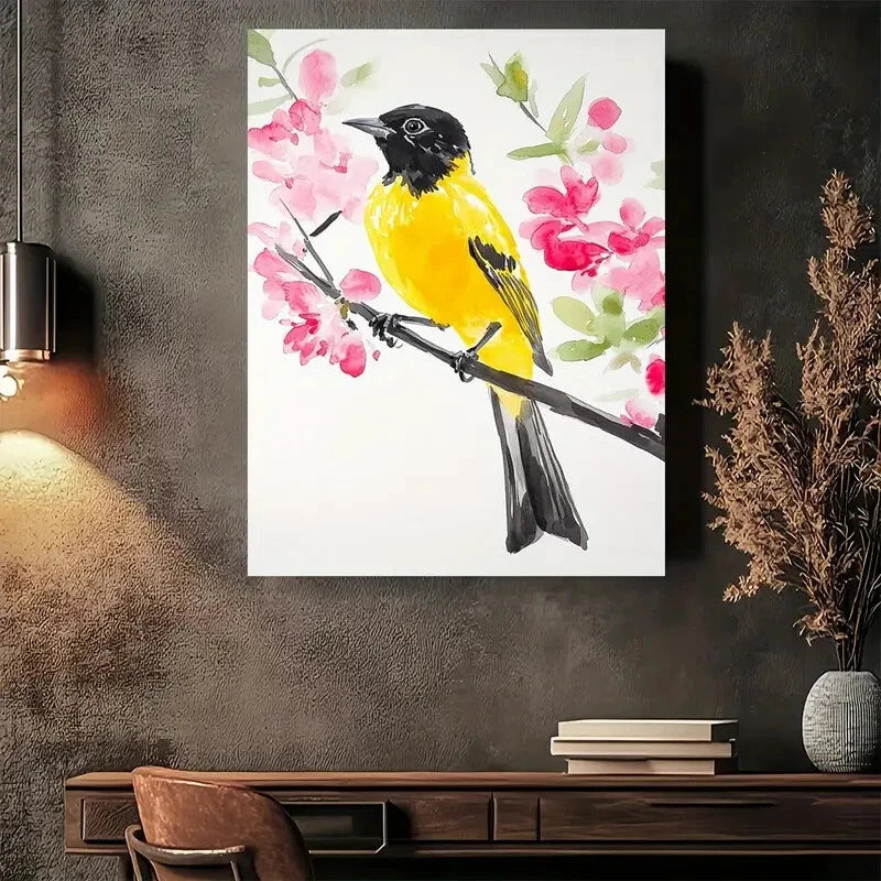 Beautiful Spring Bird Blossom Watercolor Painting 40x60cm Metal Print Ready to Hang - Bella Home Decor