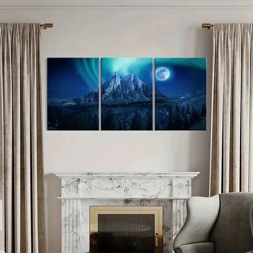 3pcs Mountains Aurora Moon Nature Wall Art Canvas Unframed - High Quality Print 100% Australian Made Wall Canvas
