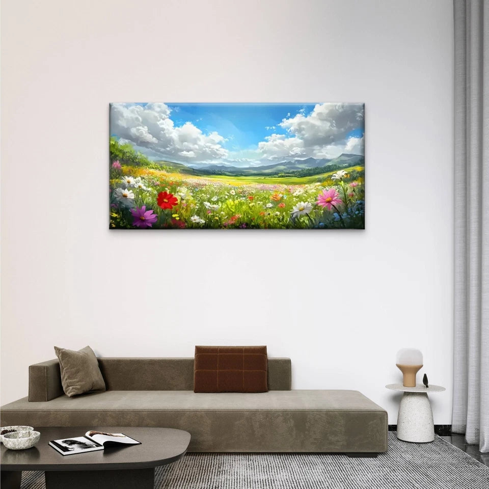 Fields Flowers Clouds Wall Art Canvas Office Home Room Framed 120x60cm