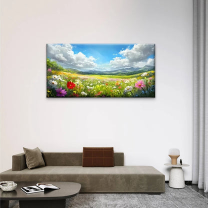 Fields Flowers Clouds Wall Art Canvas Office Home Room Framed 120x60cm
