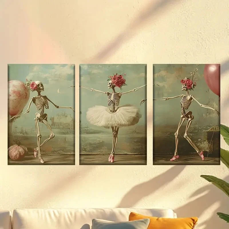 3pcs  Dancing Skeleton Ballet Dancers  Wall Art Set Canvas Framed 40x60cm - High Quality Print 100% Australian Made Wall Canvas Ready to Hang - Bella Home Decor