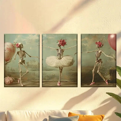3pcs  Dancing Skeleton Ballet Dancers  Wall Art Set Canvas Framed 40x60cm - High Quality Print 100% Australian Made Wall Canvas Ready to Hang - Bella Home Decor