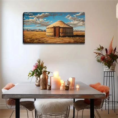 Realistic Mongolian Yurt Grass Wall Art Canvas Office Home Room Framed 120x60cm