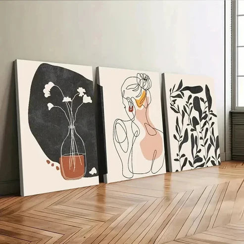 3pcs Abstract Single Line Girl Silhouette Floral Wall Art Canvas Unframed - High Quality Print 100% Australian Made Wall Canvas - Bella Home Decor