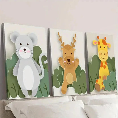3pcs Mouse Deer Giraffe in Playful Forest Scene Wall Art Canvas Unframed – High Quality Print 100% Australian Made Wall Canvas