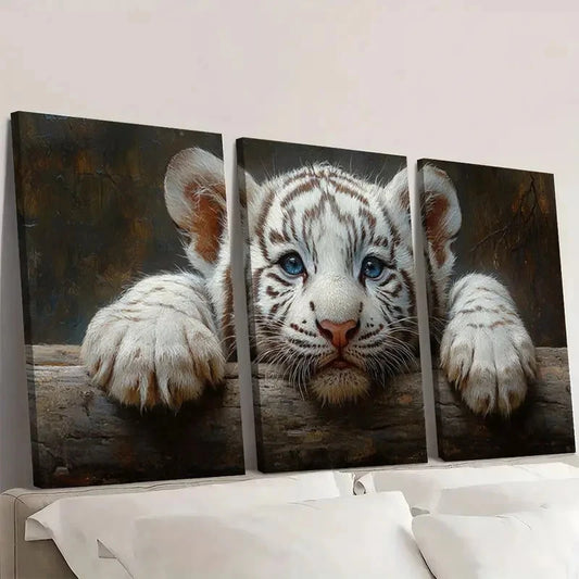 3pcs Vibrant White Tiger Cub Wall Art Set Canvas Framed 60x90cm - High Quality Print 100% Australian Made Wall Canvas Ready to Hang