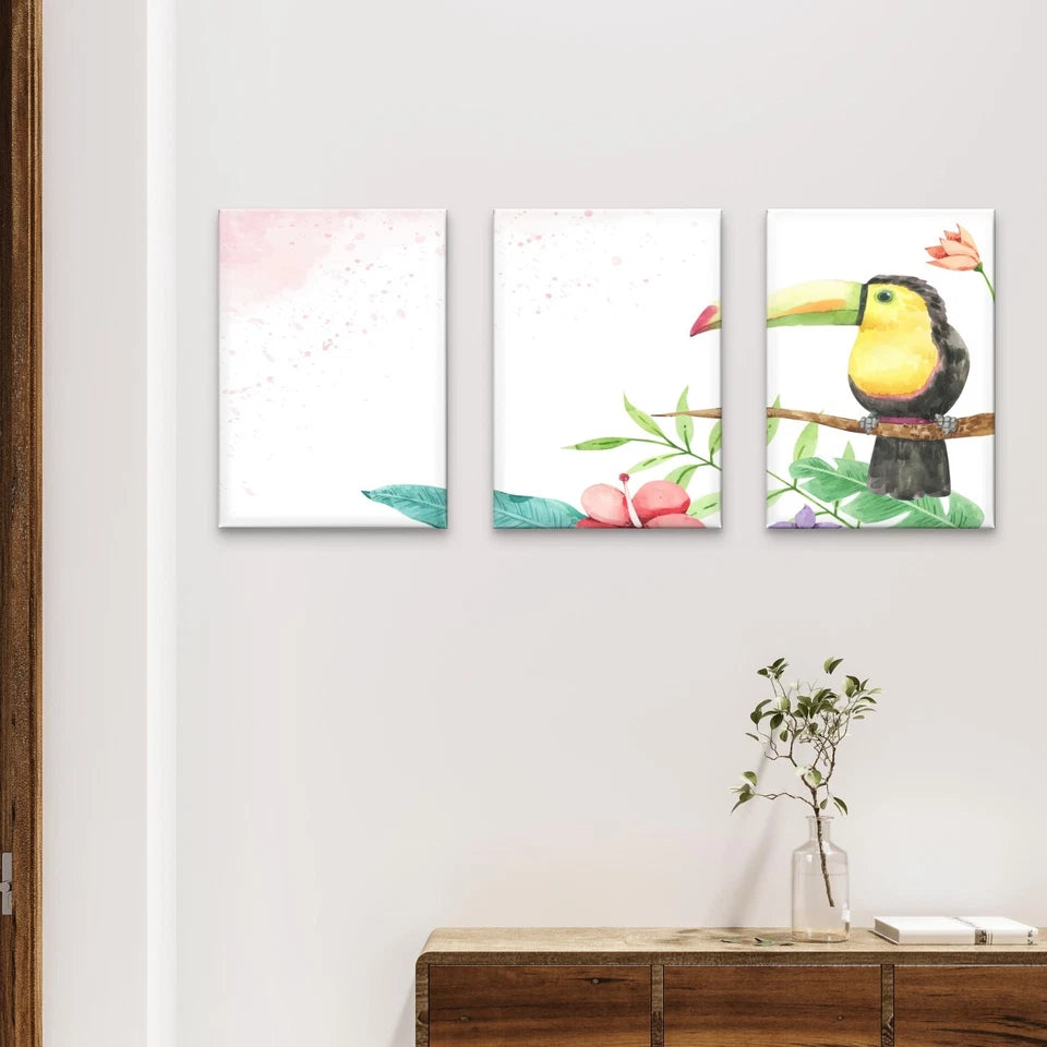 3pcs Tropical Watercolour Toucan Jungle Kids Wall Art Set Canvas Framed 50x70cm - High Quality Print 100% Australian Made Wall Canvas Ready to Hang