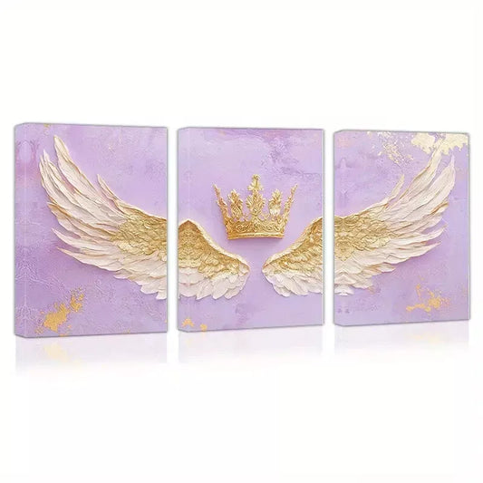 3pcs Elegant Wing and Crown with Pink Background Wall Art Set Canvas Framed 50x70cm - High Quality Print 100% Australian Made Wall Canvas Ready to Hang