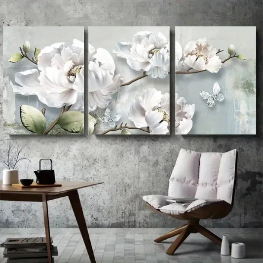 3pcs White Peony & Butterfly Botanical Wall Art Set Canvas Framed 60x90cm - High Quality Print 100% Australian Made Wall Canvas Ready to Hang