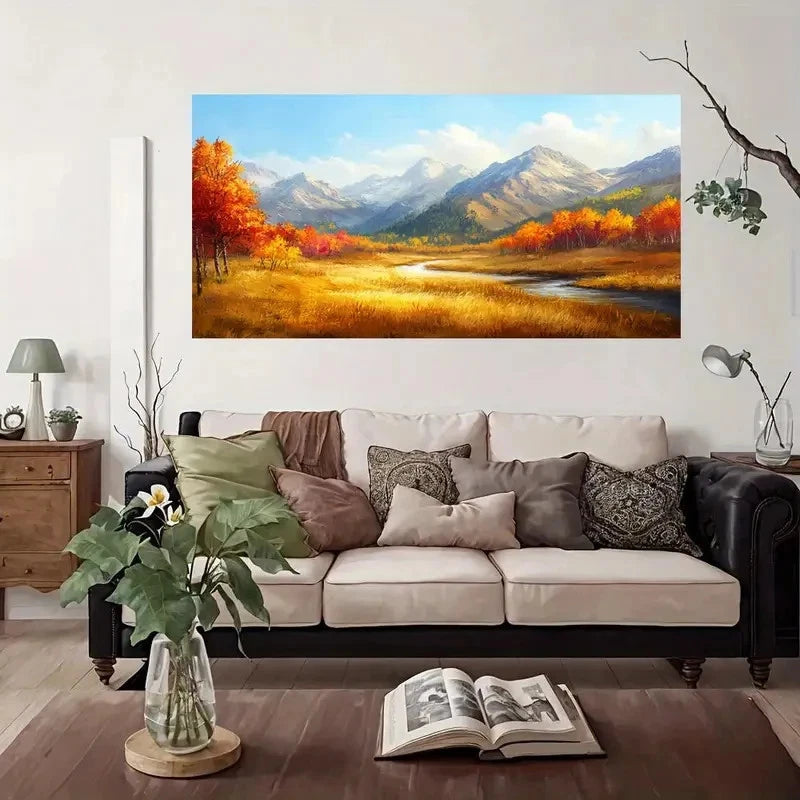 Autumn Mountain River Wall Art Canvas Office Home Room Framed 120x60cm