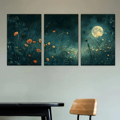 3pcs Enchanting Flowers Illuminated by The Moon Wall Art Set Canvas Framed 50x70cm - High Quality Print 100% Australian Made Wall Canvas Ready to Hang - Bella Home Decor