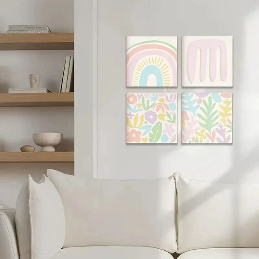 4pcs Danish Pastel Prints, Set of 4 Prints, Squar Wall Art Canvas Framed
