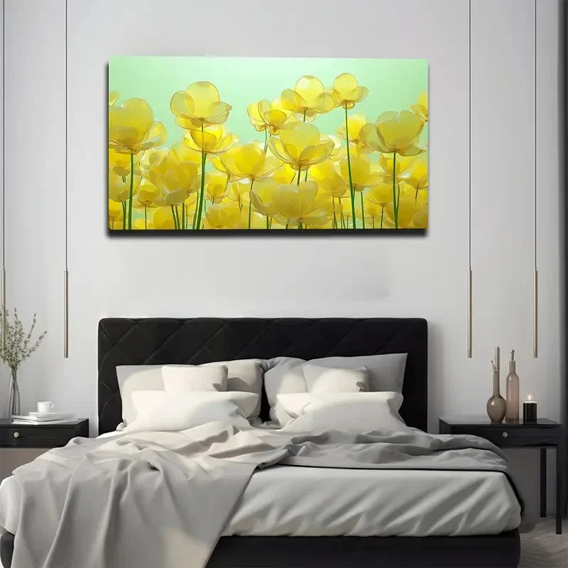 Bedroom with a large floral painting on the wall