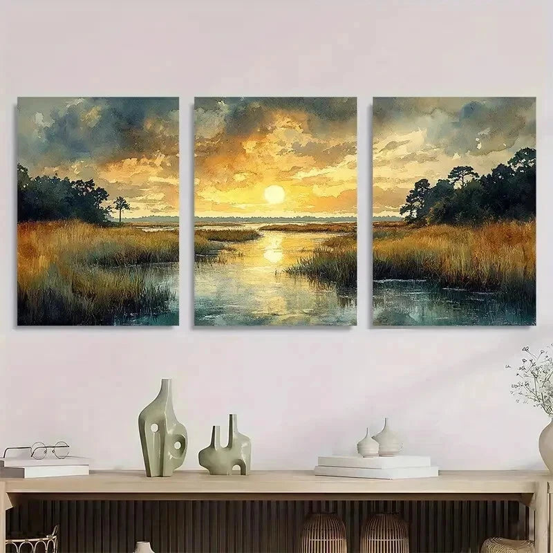 3pcs Lowcountry Marsh Landscape Perfect Wall Art Set Canvas Framed 40x60cm - High Quality Print 100% Australian Made Wall Canvas Ready to Hang - Bella Home Decor