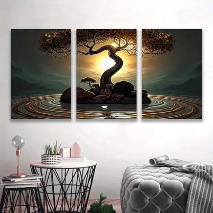 3pcs Bonsai Tree Sunset Vertical Nature Scenes   Wall Art Set Canvas Framed 50x70cm - High Quality Print 100% Australian Made Wall Canvas Ready to Hang - Bella Home Decor