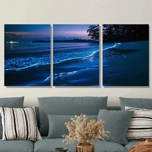 3pcs Glowing Ocean Night Scene Stunning Wall Art Set Canvas Unframed - High Quality Print 100% Australian Made Wall Canvas - Bella Home Decor