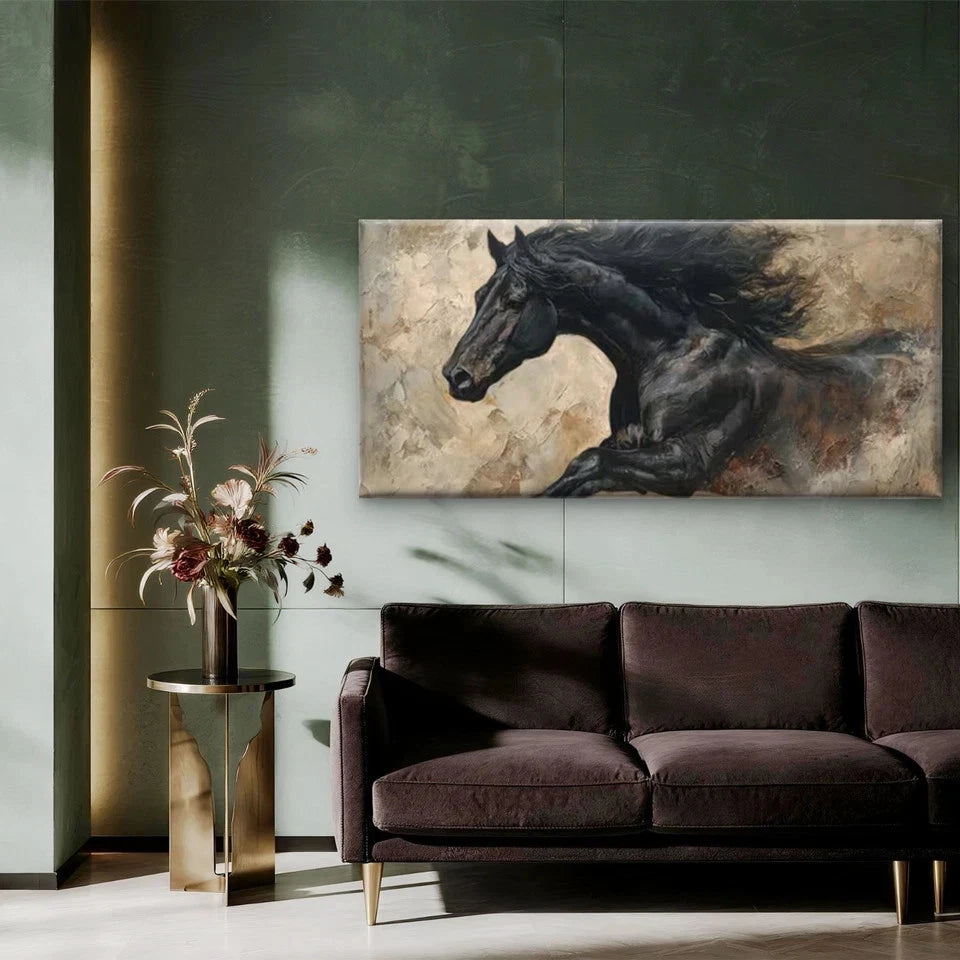 Running Horse Rustic Vintage Wall Art Canvas Office Home Room Framed 120x60cm