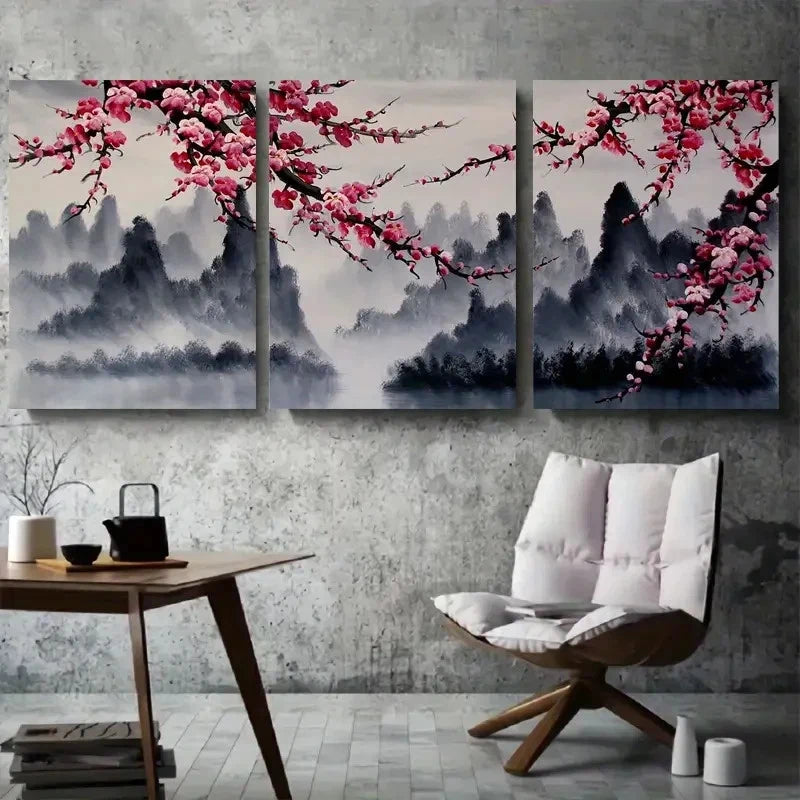 3pcs Misty Mountain Cherry Blossom Metal Print Ready to Hang Art