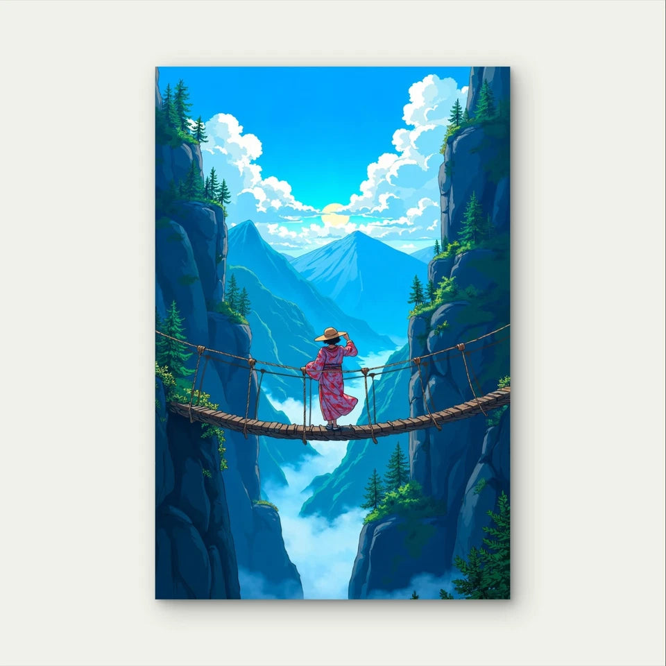 Anime Mountain Valley Canyon Bridge 40x60cm Metal Print Ready to Hang