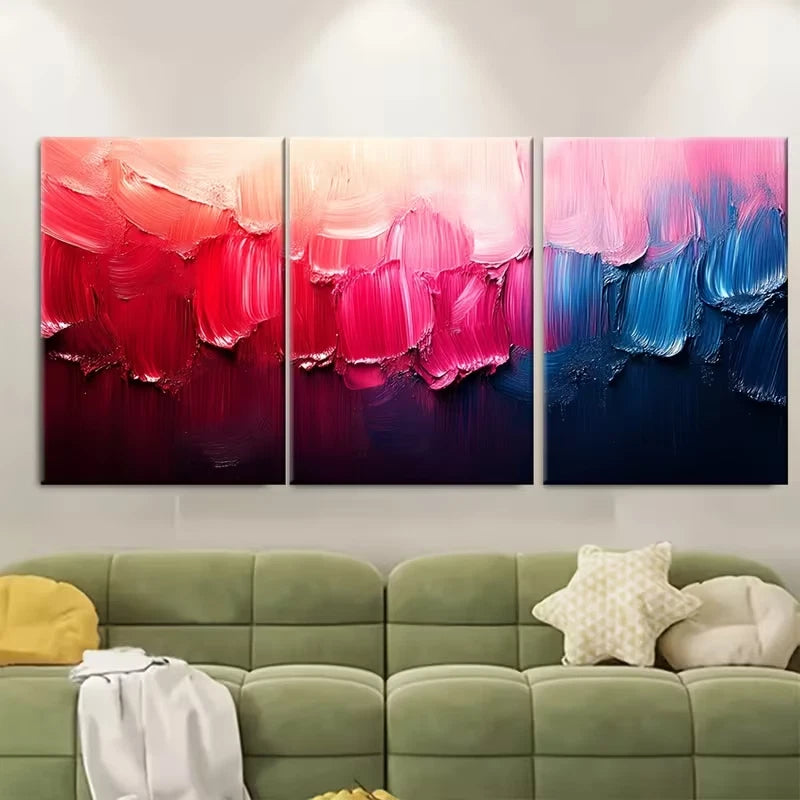 3pcs Magenta and Blue Vibrant Abstract Brushstroke Metal Print Ready to Hang Art