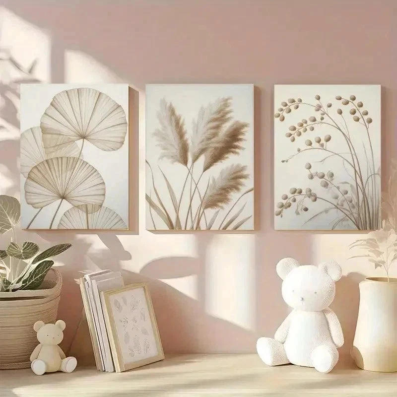 3pcs Pampas Grass & Reed Leaves Minimalist  Wall Art Set Canvas Framed 60x90cm - High Quality Print 100% Australian Made Wall Canvas Ready to Hang - Bella Home Decor