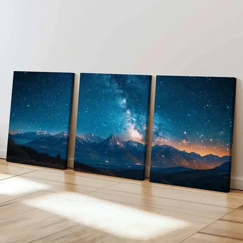 3pcs Mountain Night View Starry Sky Milky Way  Wall Art Set Canvas Unframed - High Quality Print 100% Australian Made Wall Canvas