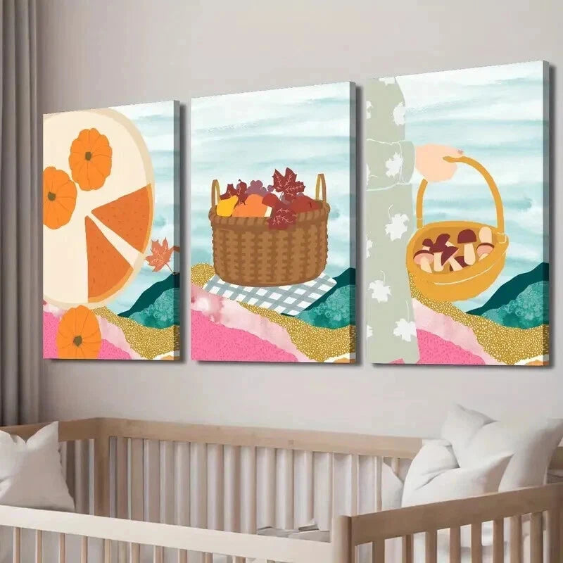 3pcs Autumn Leaves Fruit Basket Illustration Wall Art Set Canvas Framed 60x90cm - High Quality Print 100% Australian Made Wall Canvas Ready to Hang