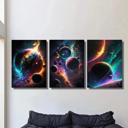 3pcs Colorful Space & Glowing Planets Wall Art Set Canvas Framed 60x90cm - High Quality Print 100% Australian Made Wall Canvas Ready to Hang