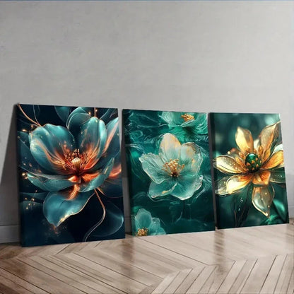 3pcs Flower Designs in Blue Green & Orange Wall Art Set Canvas Framed 50x70cm - High Quality Print 100% Australian Made Wall Canvas Ready to Hang - Bella Home Decor