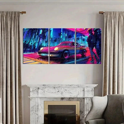 3pcs Vaporwave Aesthetic Sports Car Wall Art Set Canvas Framed 50x70cm - High Quality Print 100% Australian Made Wall Canvas Ready to Hang