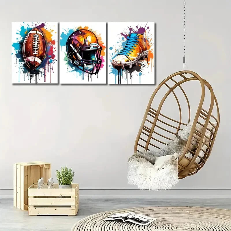 3pcs Vibrant Football Colorful Helmet and Jersey Metal Print Ready to Hang Art - Bella Home Decor