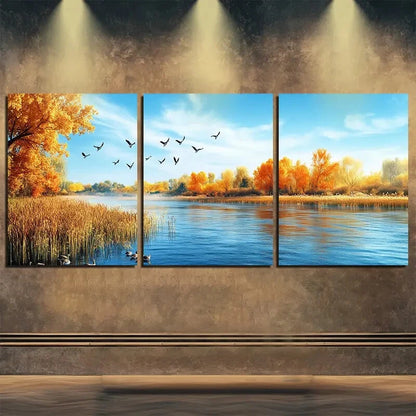 3pcs Autumn Golden Trees Lake Scene Perfect Wall Art Set Canvas Framed 40x60cm - High Quality Print 100% Australian Made Wall Canvas Ready to Hang