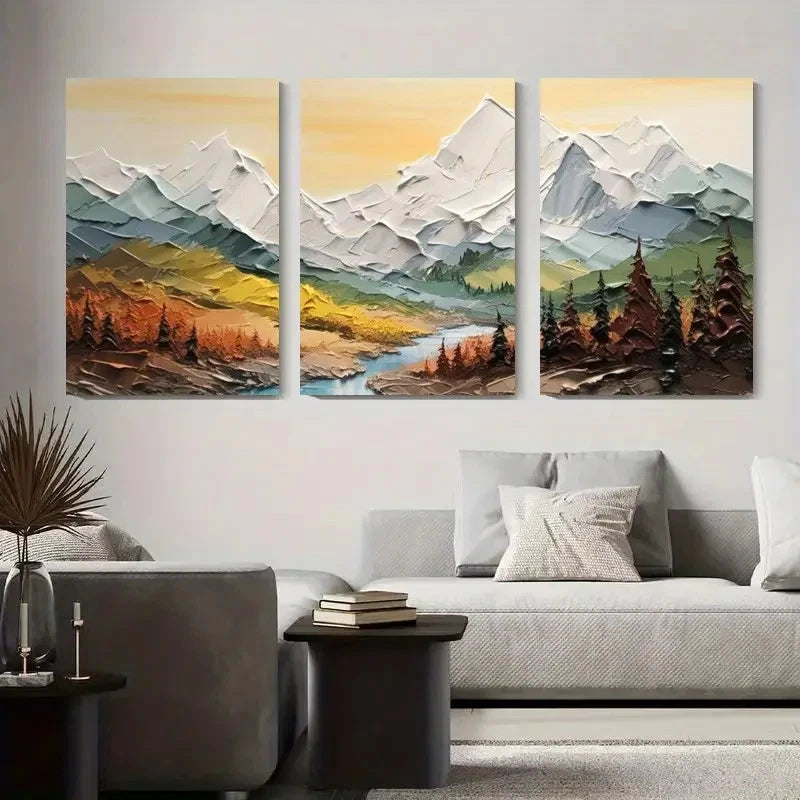 3pcs  Scenic Mountain River & Forest Oil Painting Metal Print Ready to Hang Art - Bella Home Decor