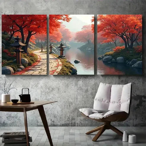 3pcs Vibrant Foliage & Calming River Scene Wall Art Canvas Unframed - High Quality Print 100% Australian Made Wall Canvas