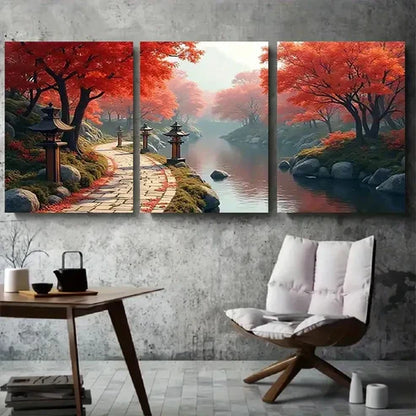 3pcs Vibrant Foliage & Calming River Scene Wall Art Canvas Unframed - High Quality Print 100% Australian Made Wall Canvas