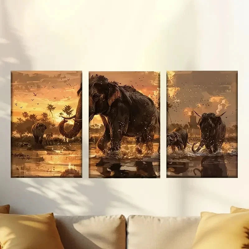3pcs Ice Age Animals, Dramatic Sunset Wall Art Set Canvas Framed 60x90cm - High Quality Print 100% Australian Made Wall Canvas Ready to Hang