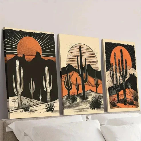 3pcs Desert Cactus and Sunset Landscape Wall Art Canvas Unframed - High Quality Print 100% Australian Made Wall Canvas - Bella Home Decor