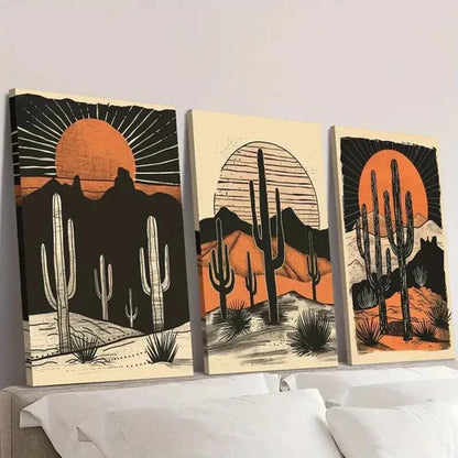 3pcs Desert Cactus and Sunset Landscape Wall Art Canvas Unframed - High Quality Print 100% Australian Made Wall Canvas - Bella Home Decor