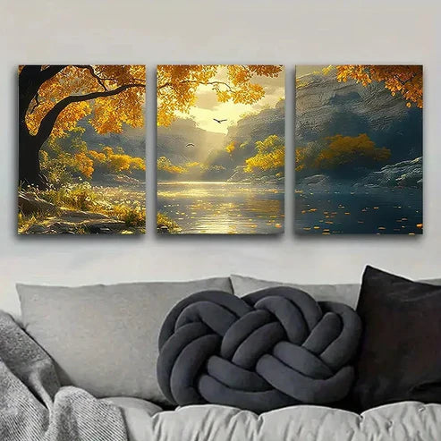 3pcs Autumn Lake with Birds Wall Art Canvas Unframed - High Quality Print 100% Australian Made Wall Canvas - Bella Home Decor